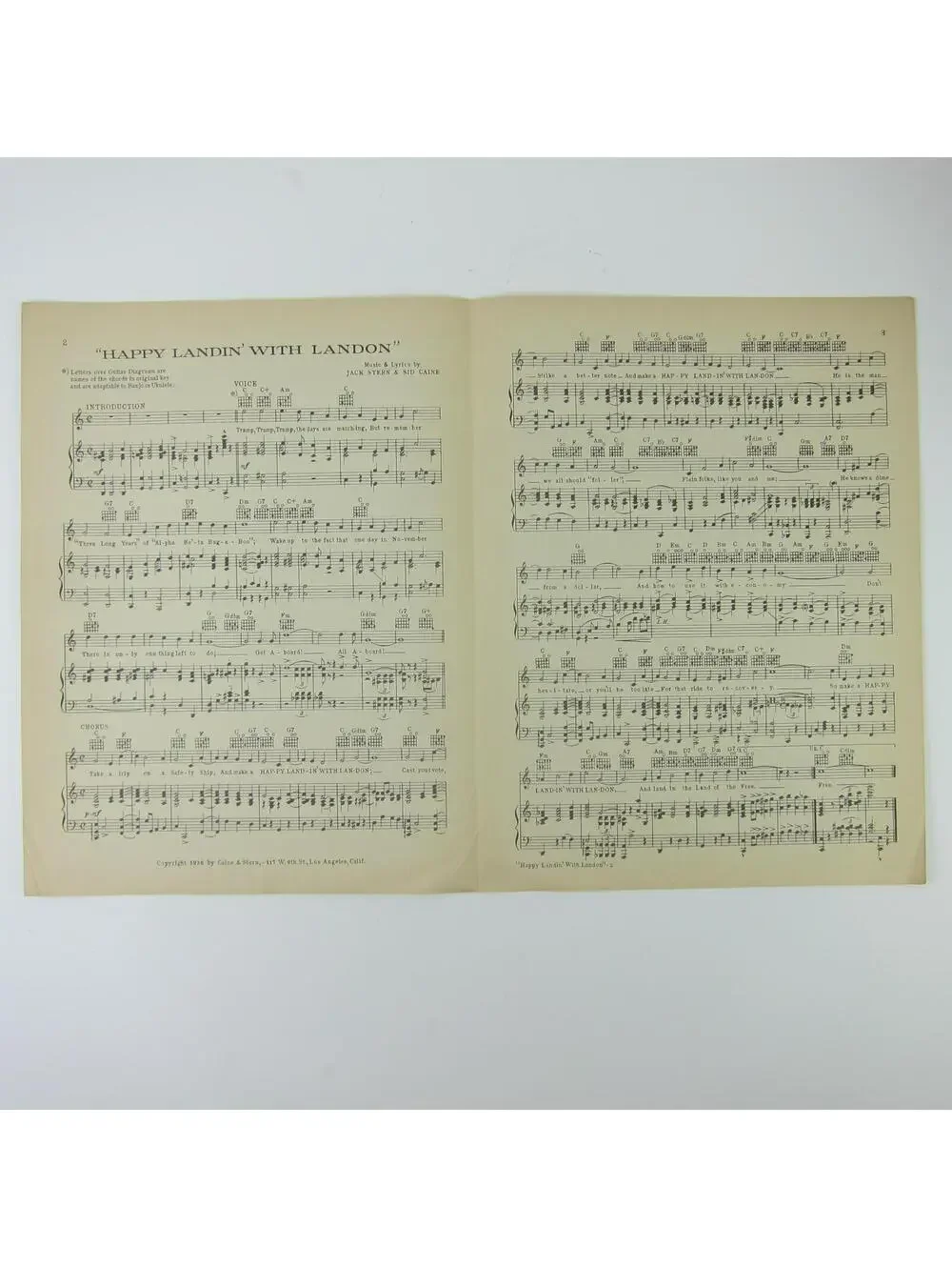 Alf Landon Presidential Campaign 1936 Sheet Music Happy Landin' With Landon